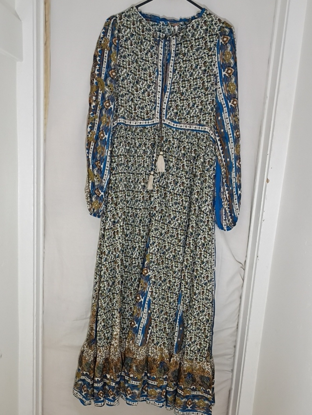 Free People Blue, White, and Brown Boho Floral Maxi Dress